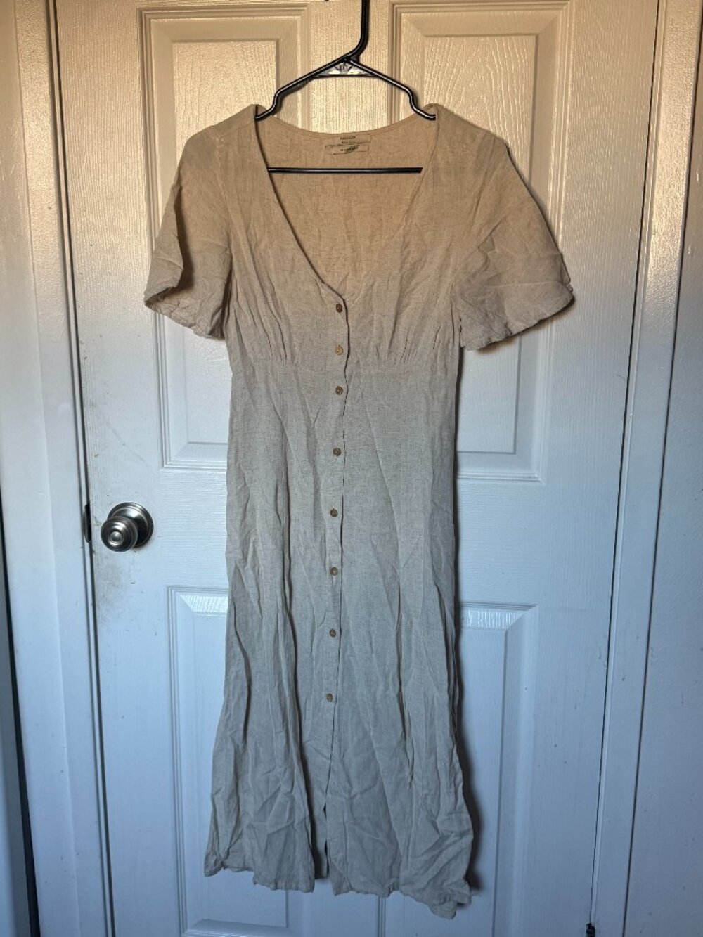 Pull&Bear Neutral Beige Button Front Short Sleeve Midi Dress S